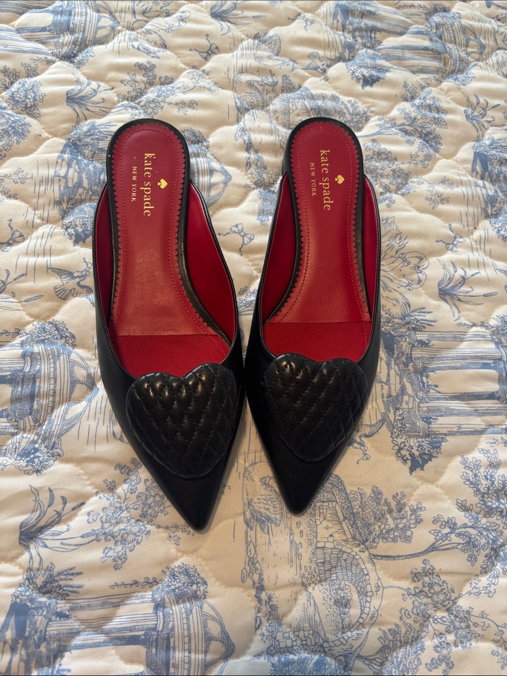 kate spade Black Pointed Quilted Heart Mules with Red Insole